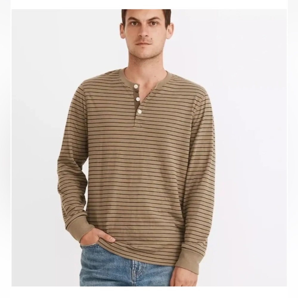 NWT Madewell Men's Doubledown Henley Tee Green Black Striped XXL Long Sleeve
